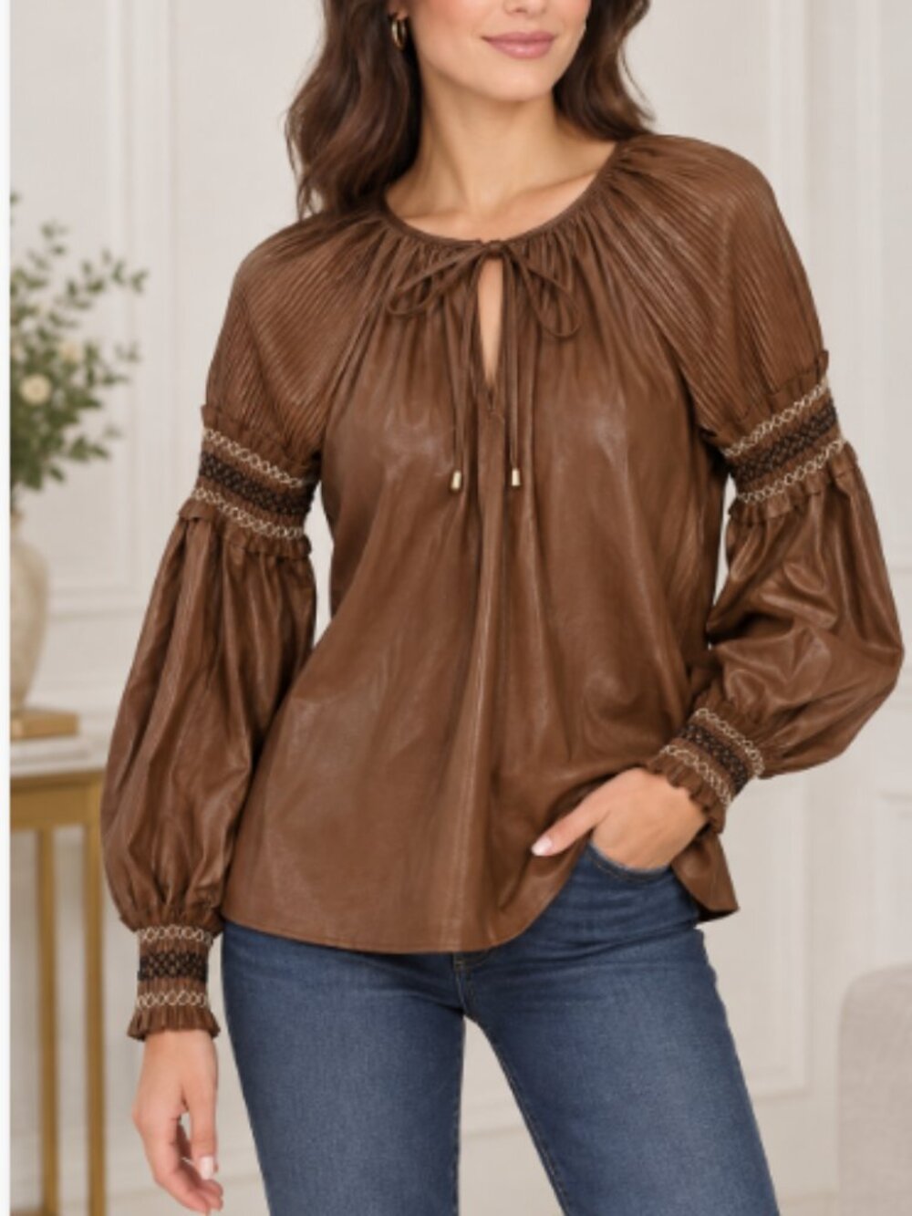 Noir Faux Leather Blouse Yoke Smocked Boho Chic Large Brown Vegan